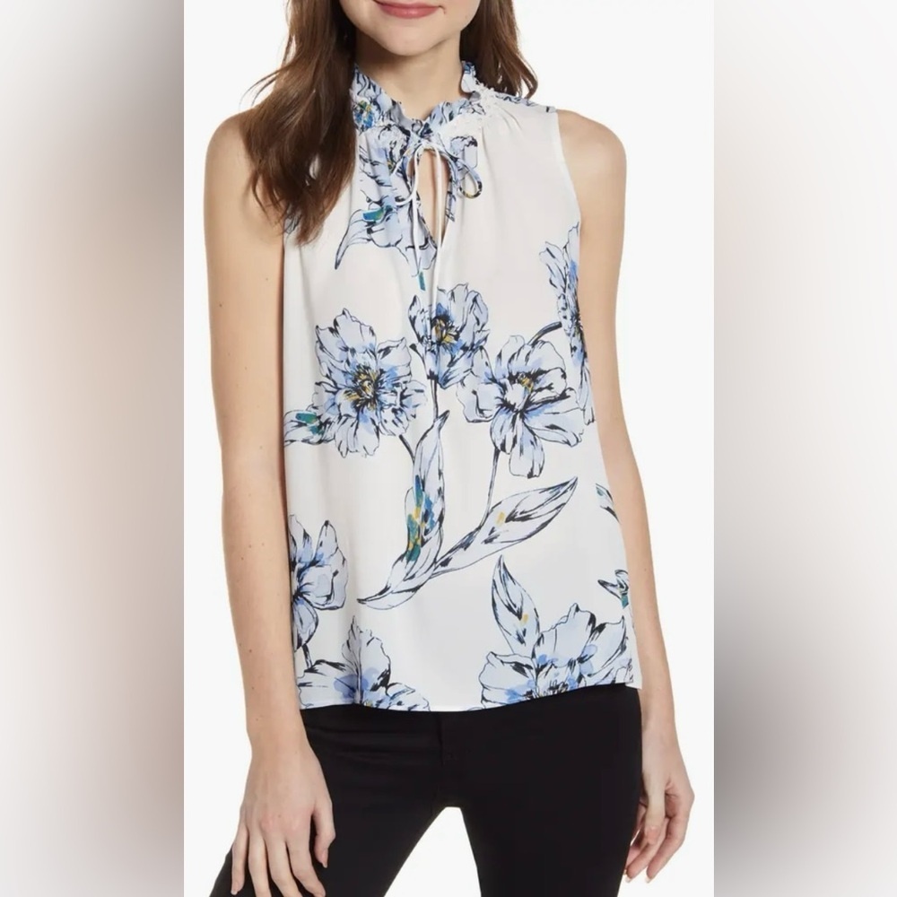 NWOT Karl Lagerfeld Paris Sleeveless Floral Blouse with Pearl Accents, Large